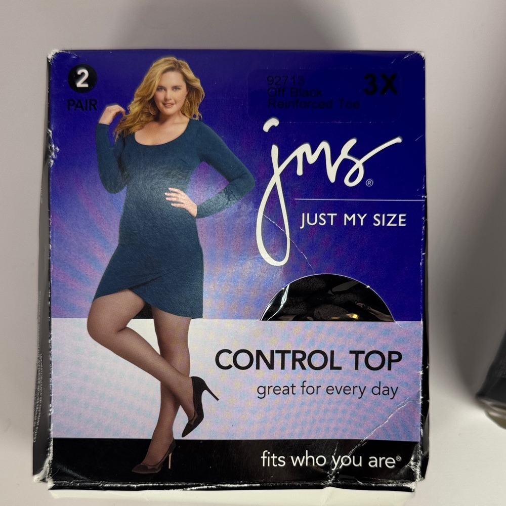 New Just My Size 2pair JMS 3X Control Top Pantyhose Off Black reinforced toe